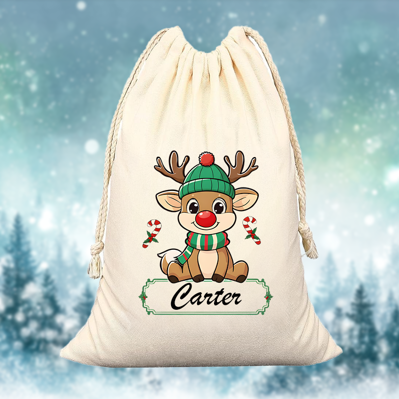 Drawstring bag with a cartoon reindeer design and the Custom Name on a snowy background.