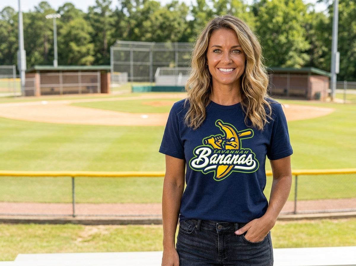 A smiling woman stands on a baseball field wearing a navy blue graphic T-shirt paired with blue jeans.