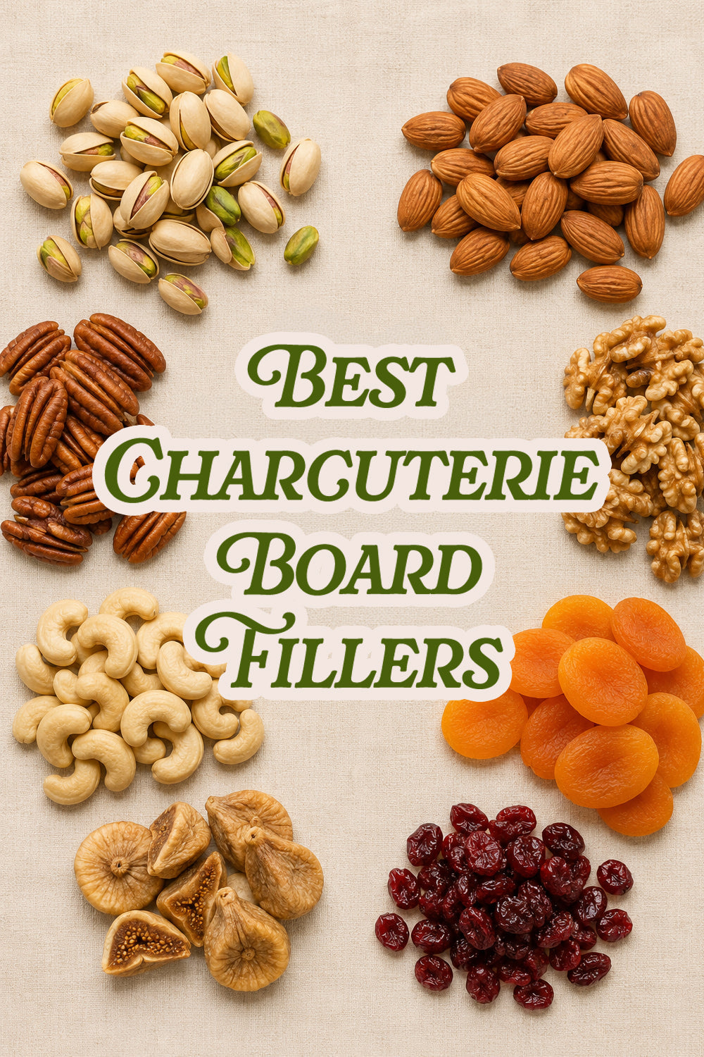 piles of almonds, walnuts, pecans, cashews and dried fruit around the words Best Charcuterie Board Fillers on a soft textured beige background