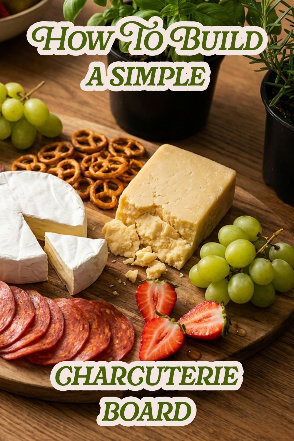A simple charcuterie board with pretzels, cheese, fresh fruit and salami on a wooden board with the words, How to build a simple charcuterie board text