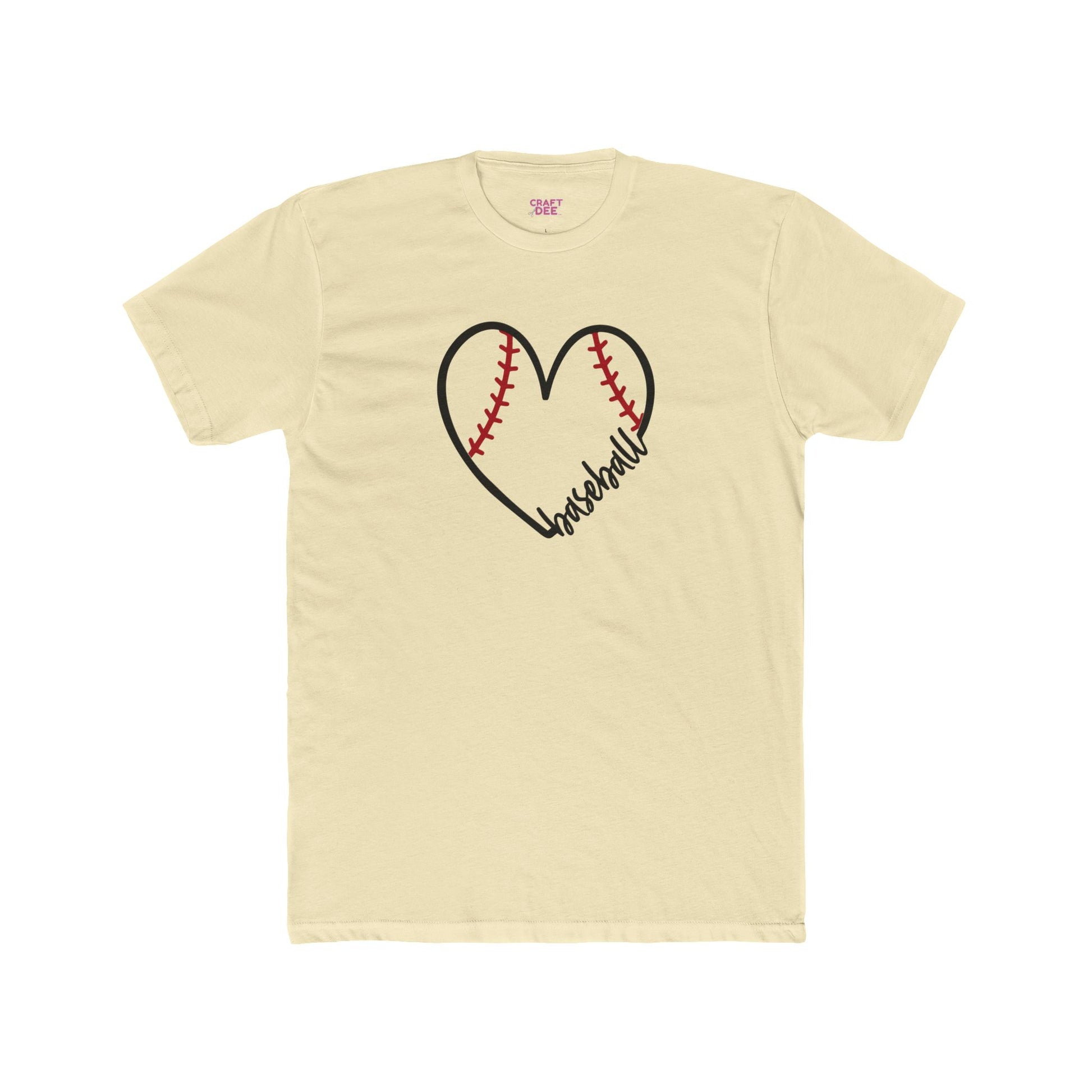 Beige t-shirt with a heart-shaped baseball design and 'Baseball' text on a white background