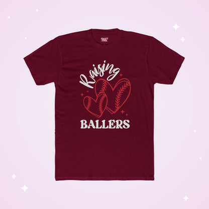 Maroon t-shirt with 'Raising Ballers' design on a light pink background