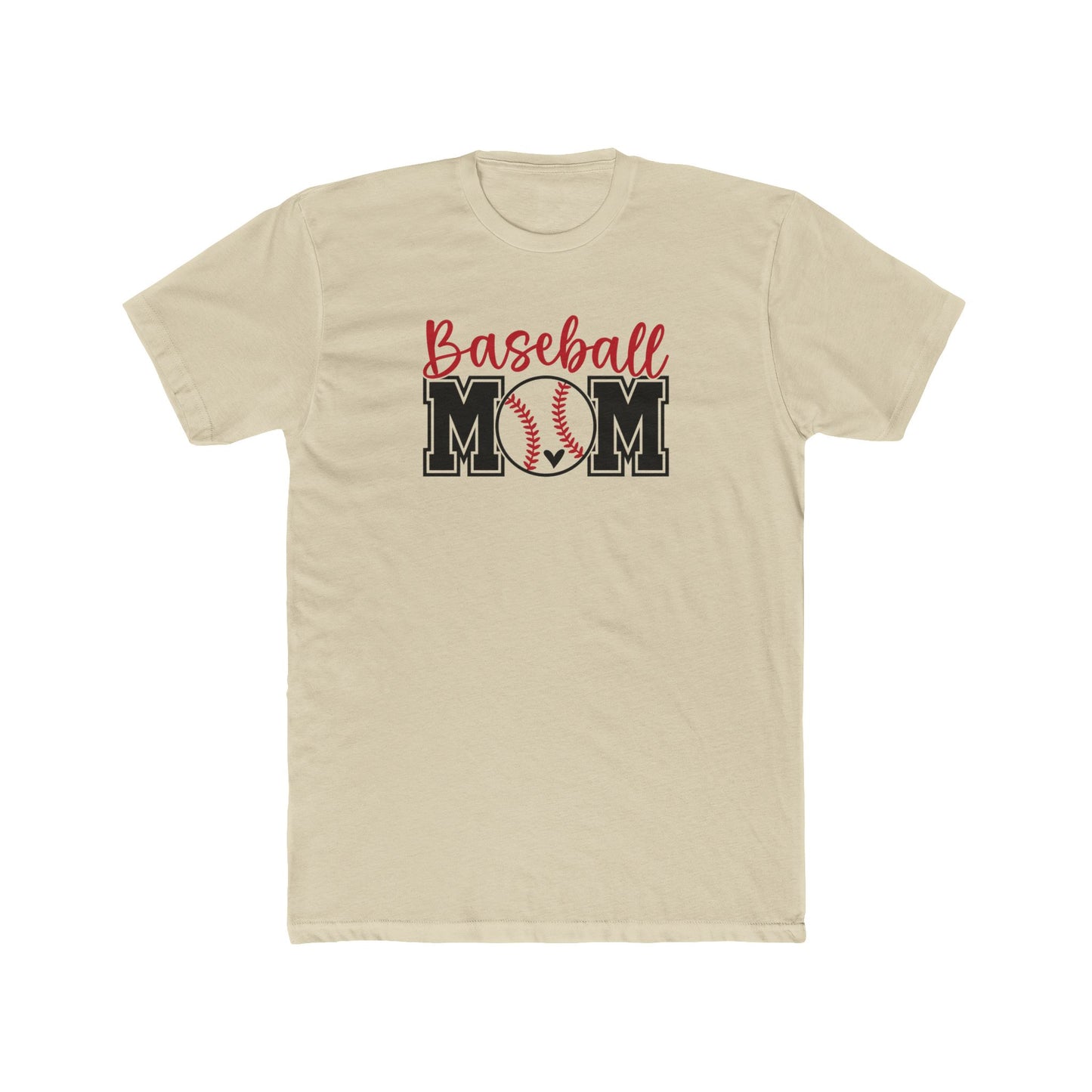 Beige t-shirt with 'Baseball Mom' text and graphic on a white background