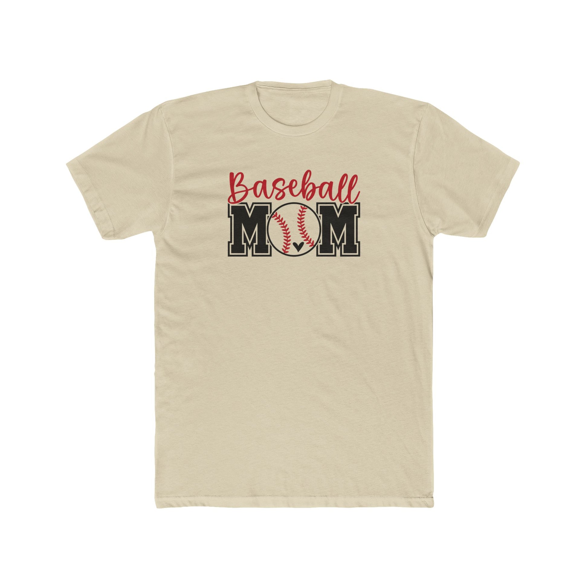 Beige t-shirt with 'Baseball Mom' text and graphic on a white background