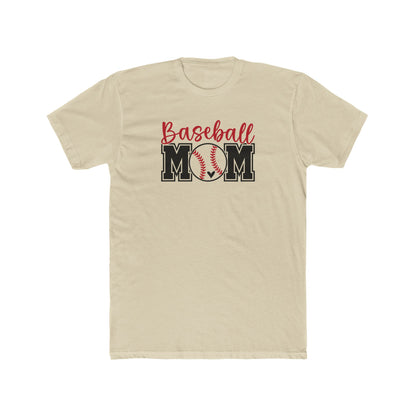 Beige t-shirt with 'Baseball Mom' text and graphic on a white background