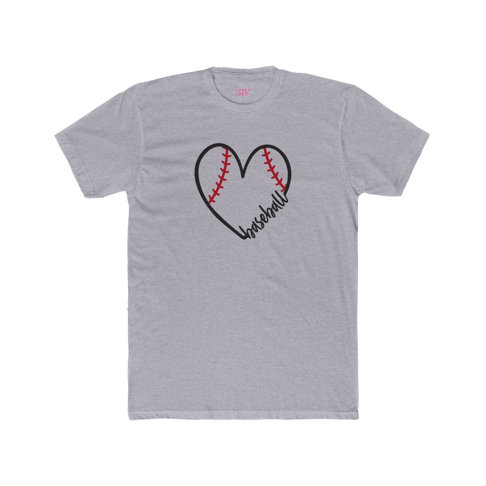 Gray t-shirt with a heart-shaped baseball design and 'Baseball' text on a white background