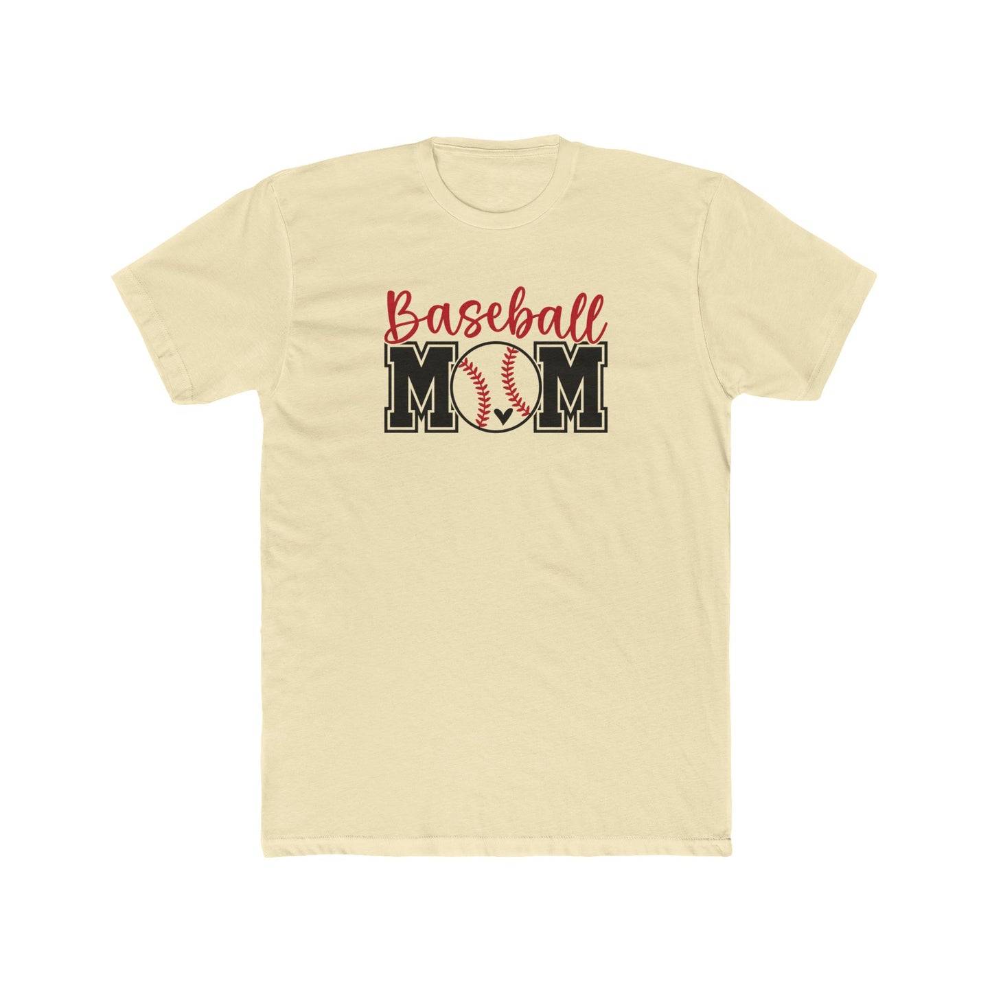 Beige t-shirt with 'Baseball Mom' text and graphic on a white background