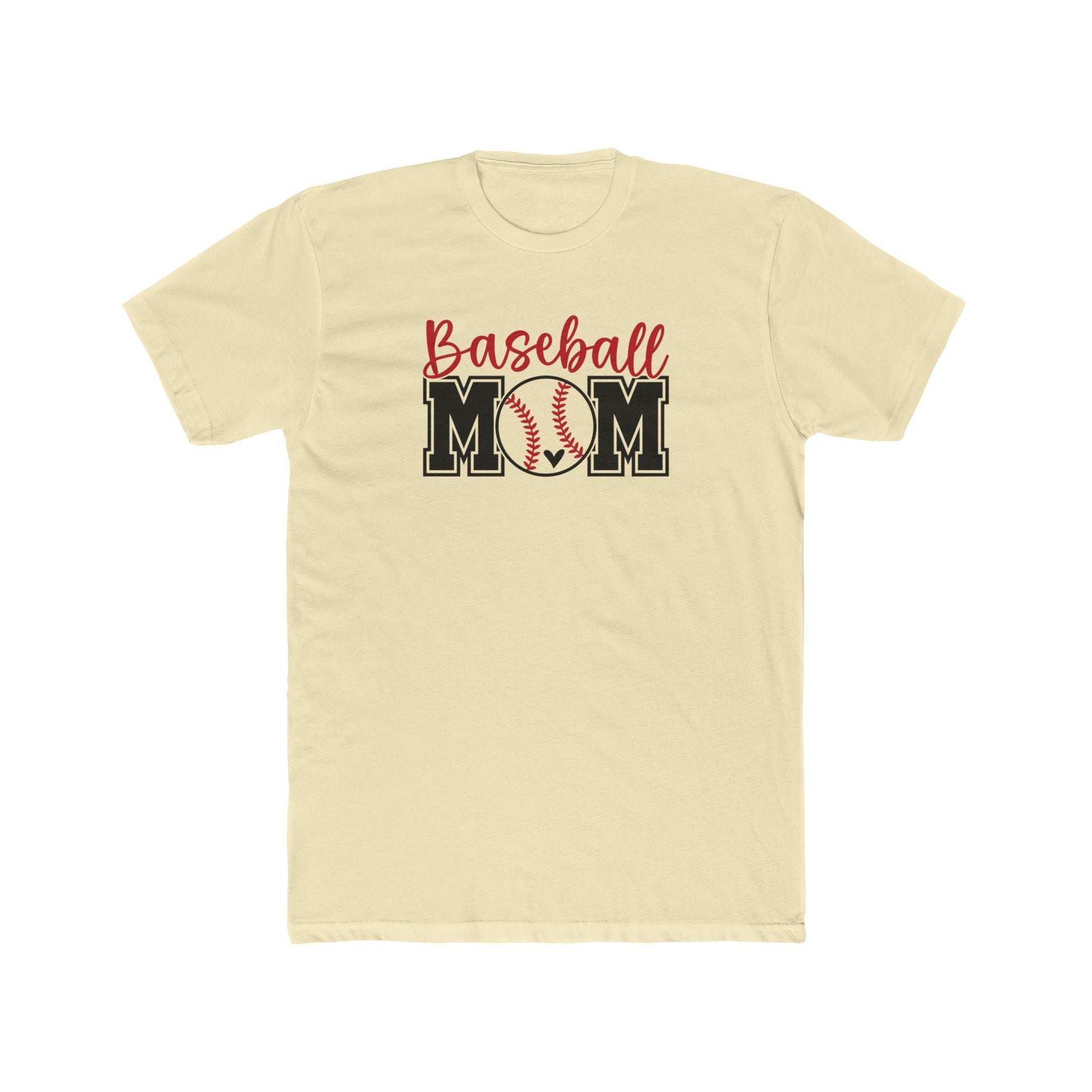 Beige t-shirt with 'Baseball Mom' text and graphic on a white background