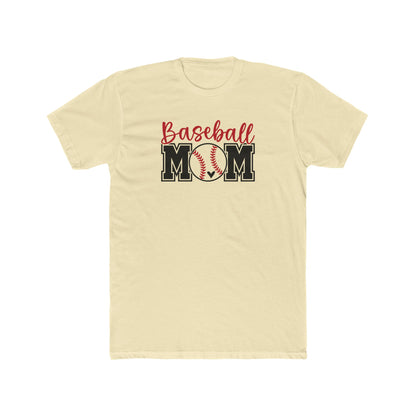 Beige t-shirt with 'Baseball Mom' text and graphic on a white background
