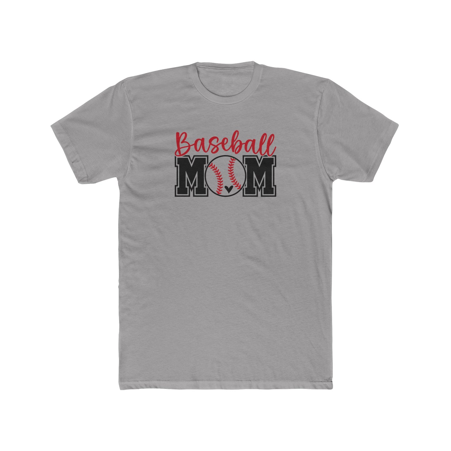 Gray t-shirt with 'Baseball Mom' graphic design on a white background