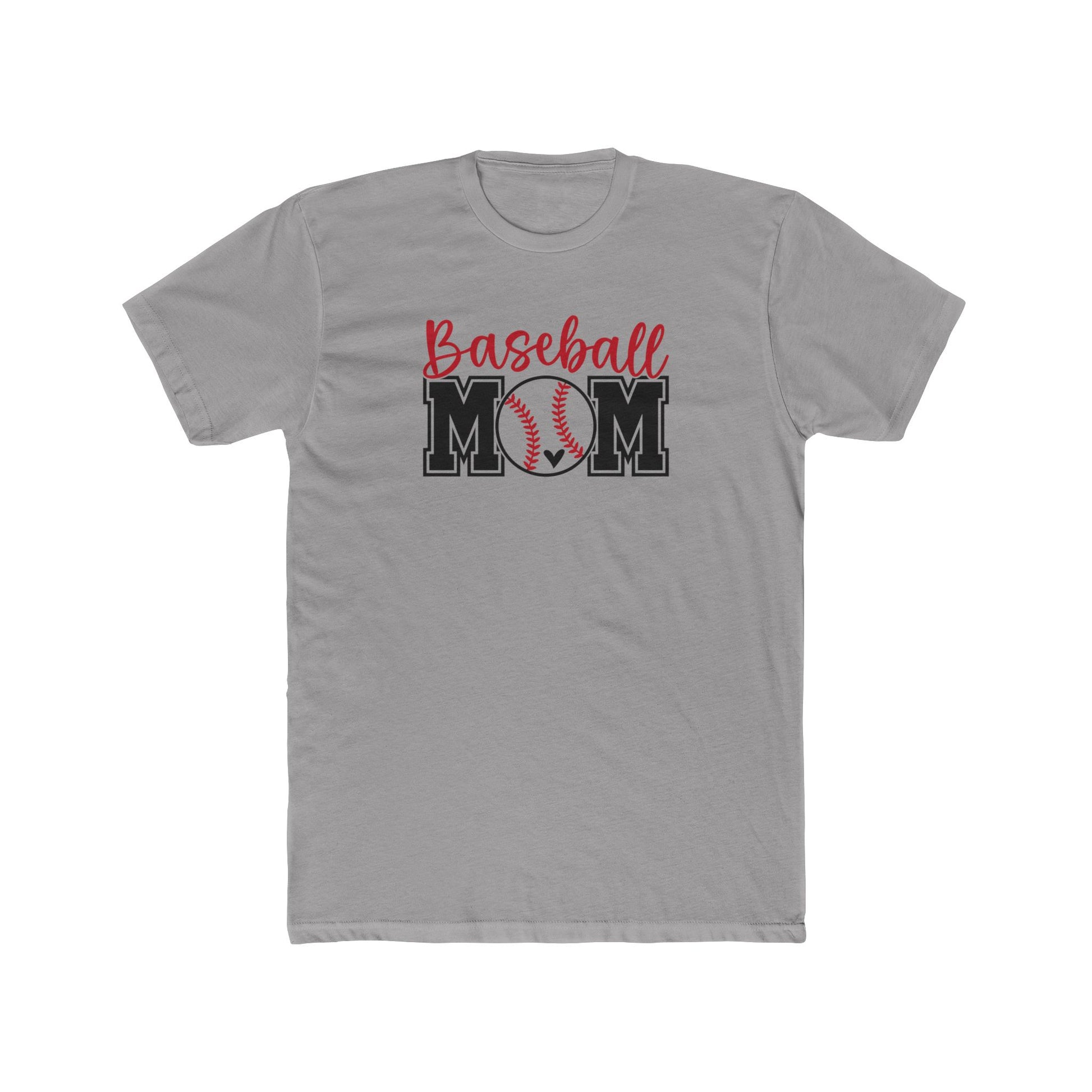 Gray t-shirt with 'Baseball Mom' graphic design on a white background