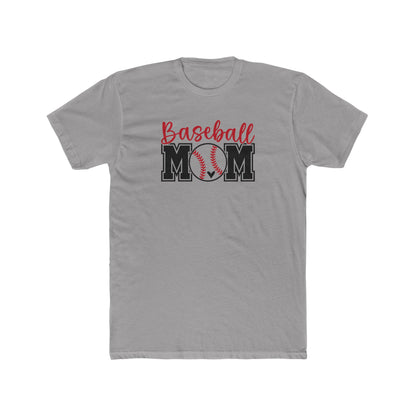 Gray t-shirt with 'Baseball Mom' graphic design on a white background
