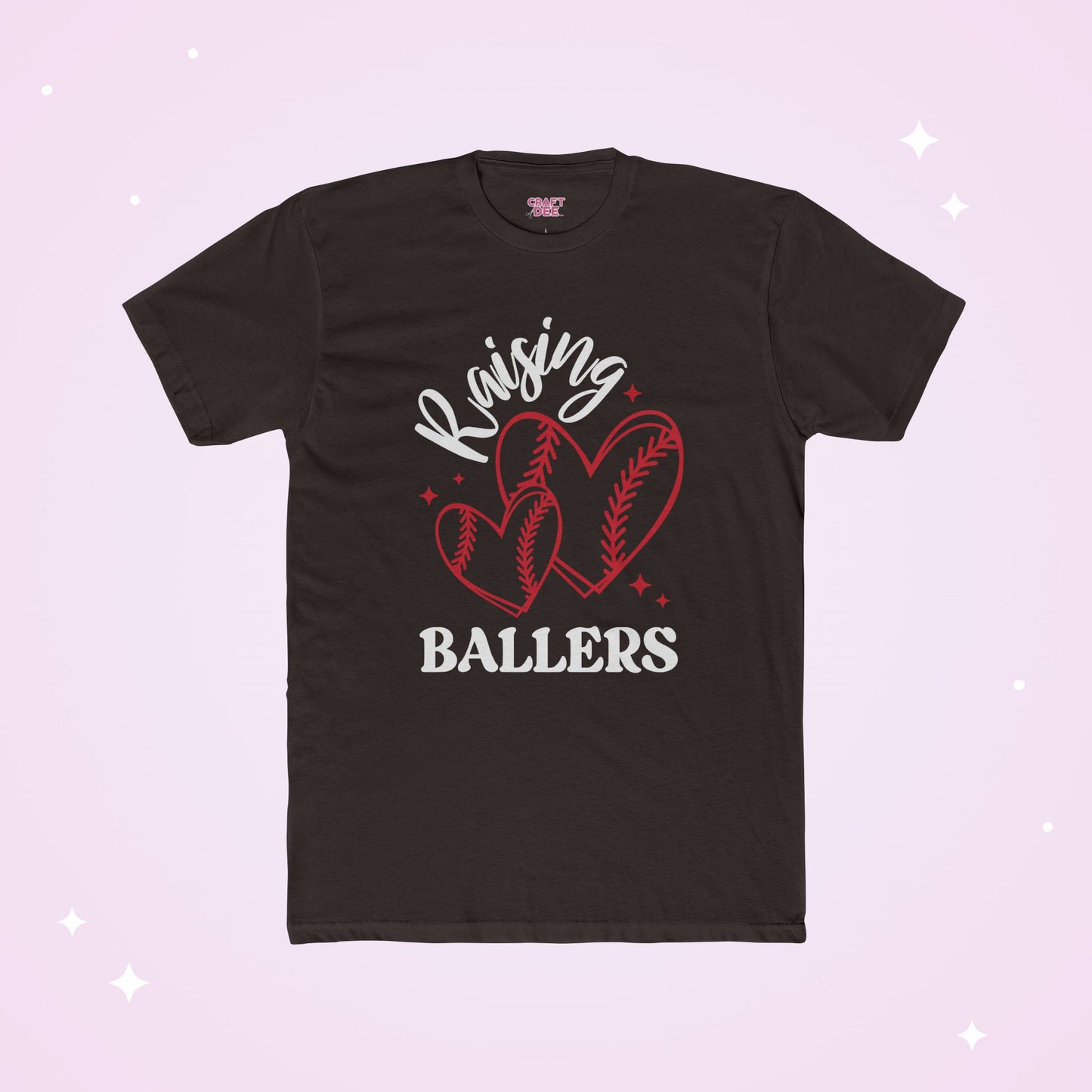 Dark Brown t-shirt with 'Raising Ballers' design featuring baseballs and hearts on a light purple background.
