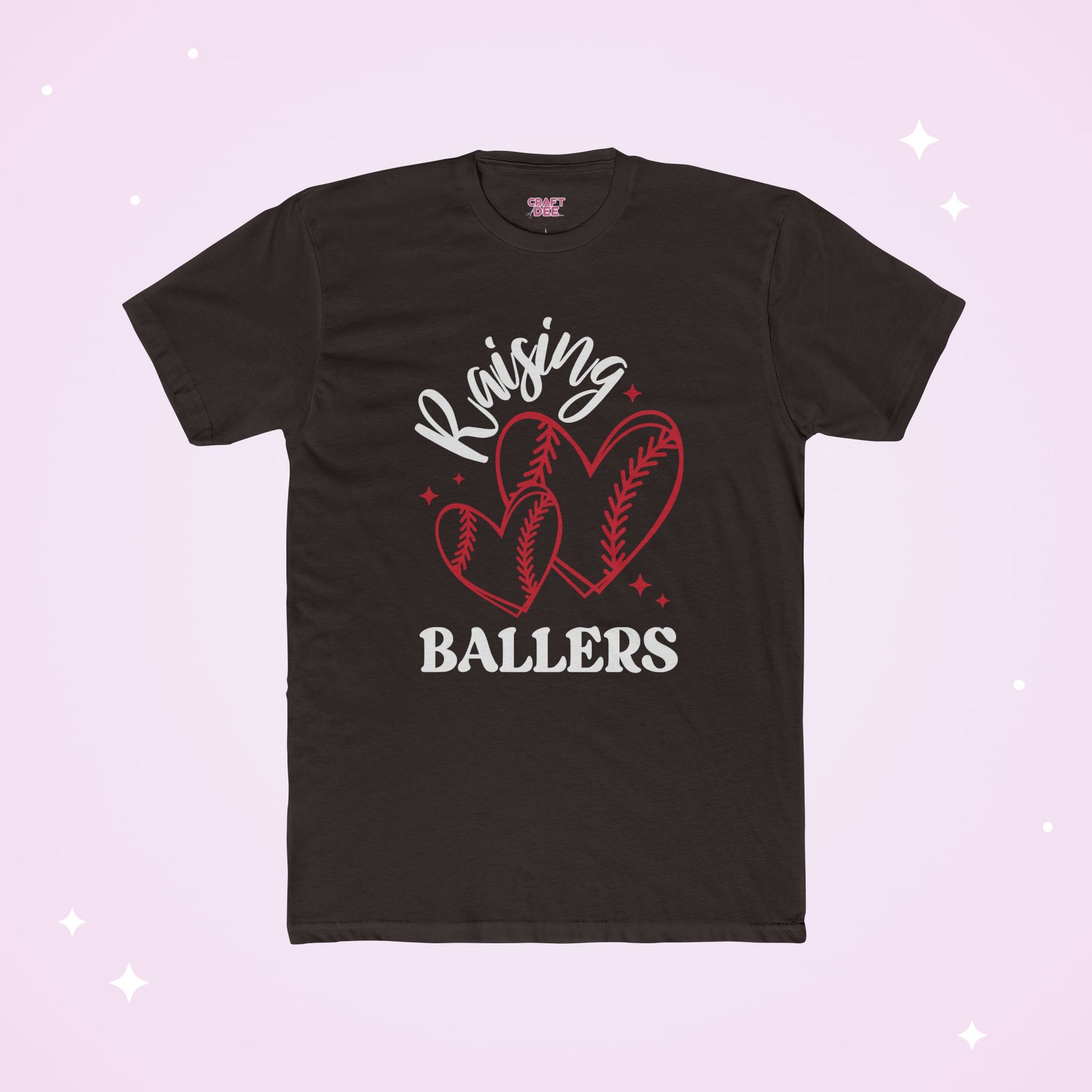 Dark Brown t-shirt with 'Raising Ballers' design featuring baseballs and hearts on a light purple background.