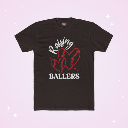 Dark Brown t-shirt with 'Raising Ballers' design featuring baseballs and hearts on a light purple background.