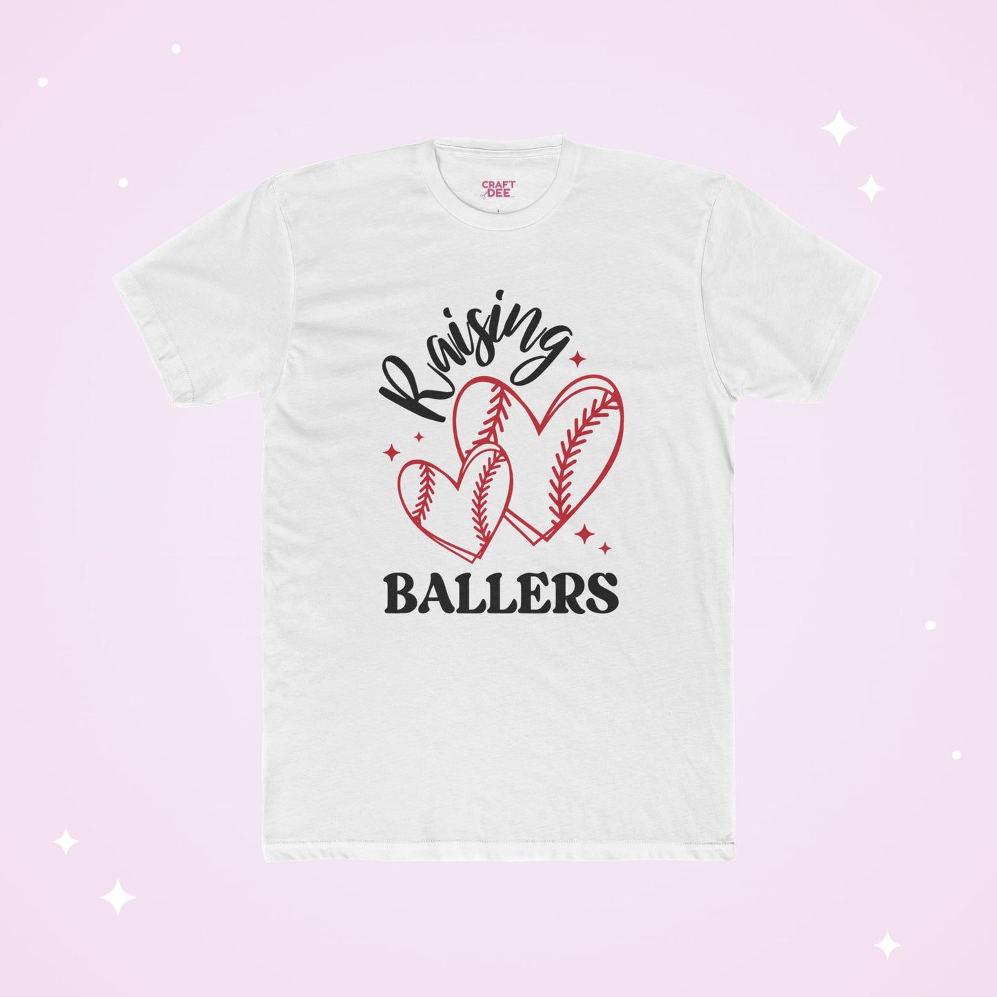 White t-shirt with 'Raising Ballers' text and heart designs on a pink gradient background