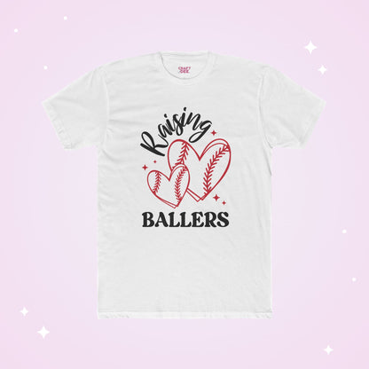 White t-shirt with 'Raising Ballers' text and heart designs on a pink gradient background