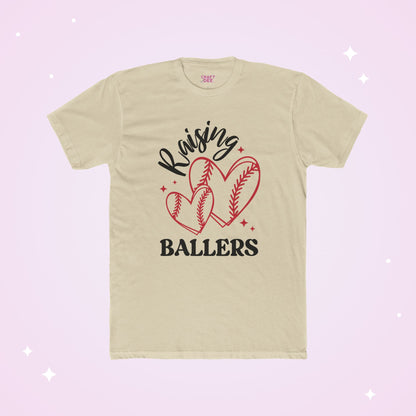 Beige t-shirt with 'Raising Ballers' text and baseball heart graphics on a light pink background