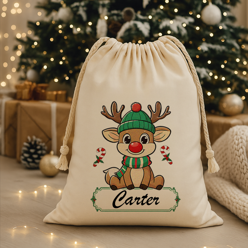 Personalized Christmas Santa sack with a cute boy reindeer design and the name “Carter,” placed in front of a decorated Christmas tree with warm lights, wrapped presents, pinecones, and cozy holiday décor.