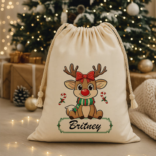 Personalized Christmas sack with a reindeer design and the name 'Britney' in front of a decorated Christmas tree.