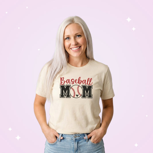 Woman wearing a 'Baseball Mom' t-shirt on a light purple background