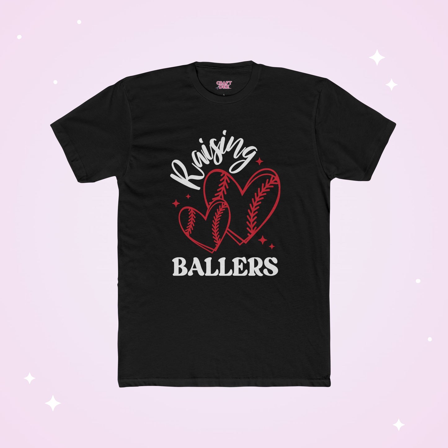 Black t-shirt with 'Raising Ballers' design on a light purple background