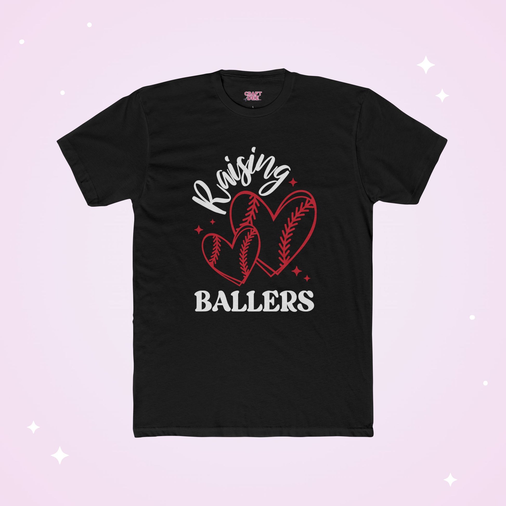 Black t-shirt with 'Raising Ballers' design on a light purple background