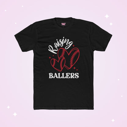Black t-shirt with 'Raising Ballers' design on a light purple background