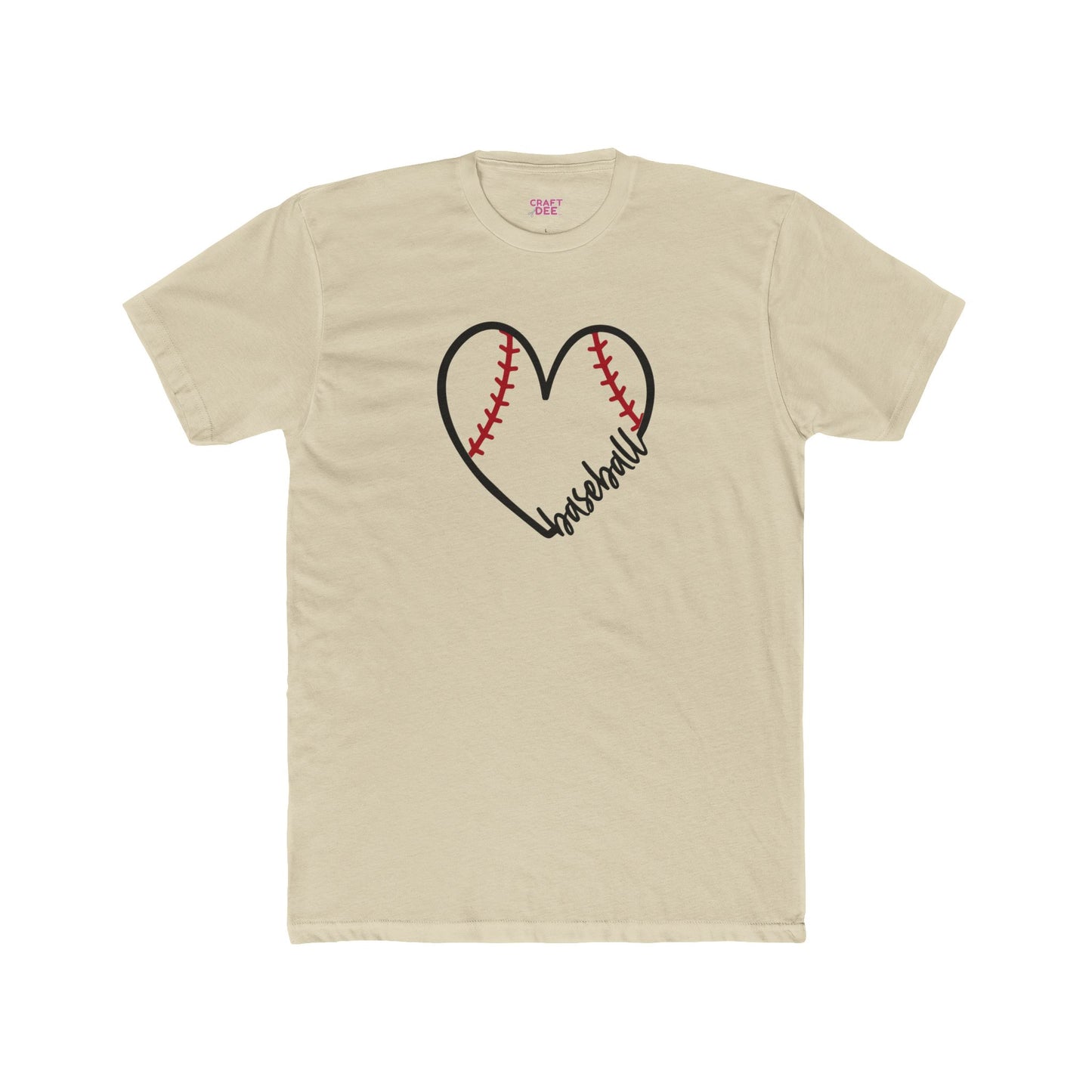 Beige t-shirt with a heart-shaped baseball design and 'Baseball' text on a white background