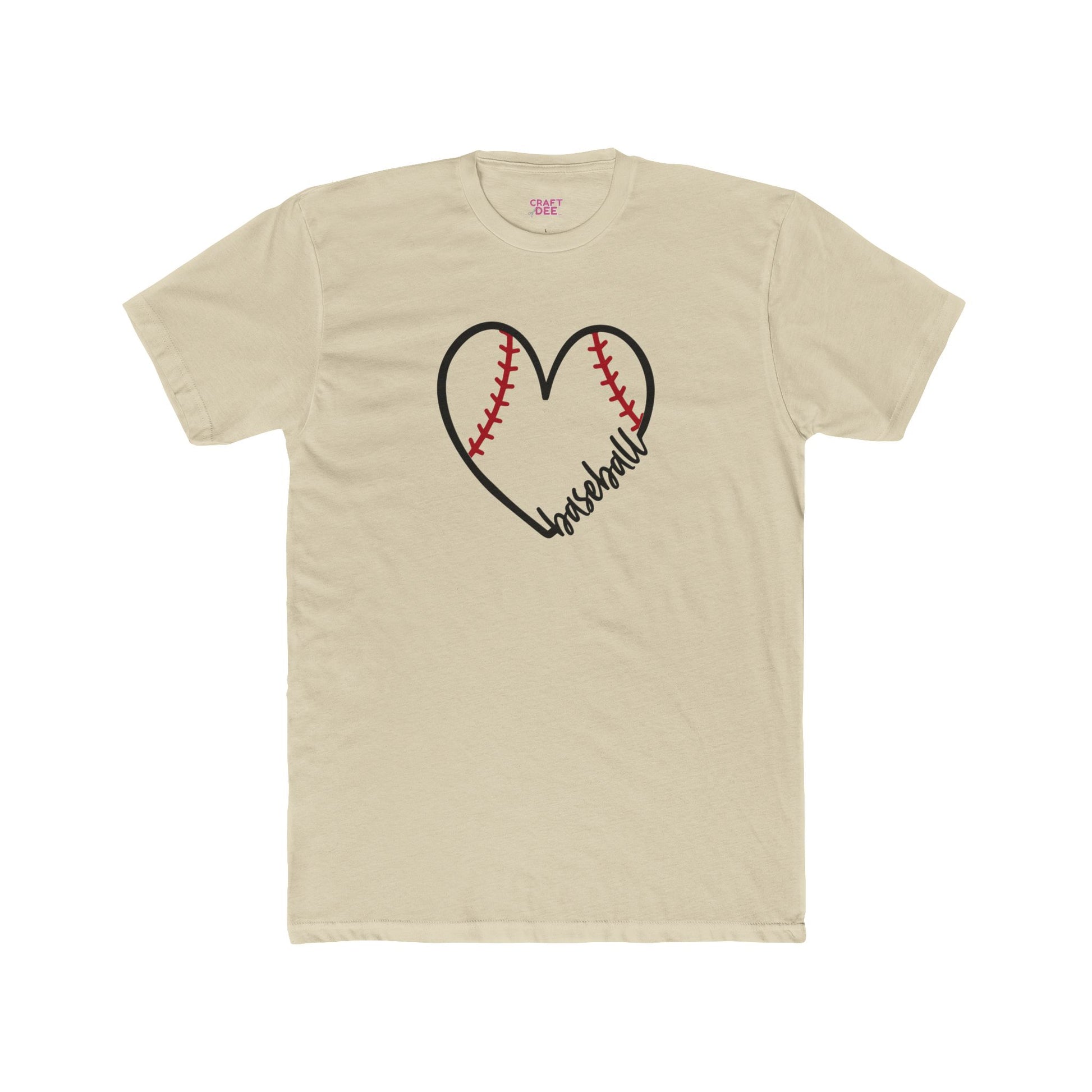 Beige t-shirt with a heart-shaped baseball design and 'Baseball' text on a white background