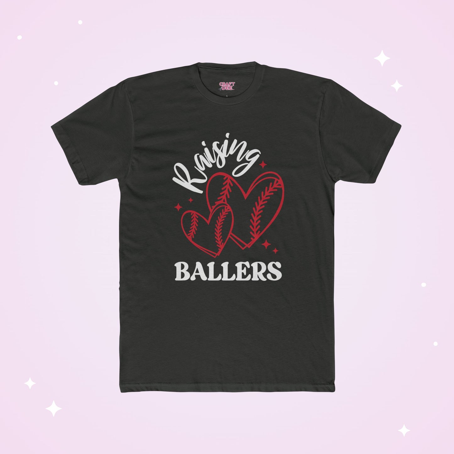 Black t-shirt with 'Raising Ballers' design featuring heart-shaped baseballs on a light purple background.