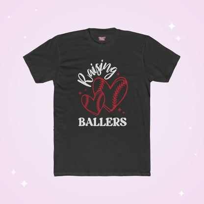 Black t-shirt with 'Raising Ballers' design featuring heart-shaped baseballs on a light purple background.