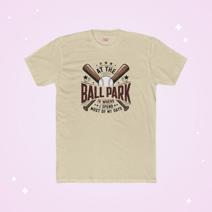 Beige t-shirt with baseball graphic and text on a light purple background