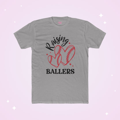 Gray t-shirt with 'Raising Ballers' text and heart-shaped baseballs on a light pink background