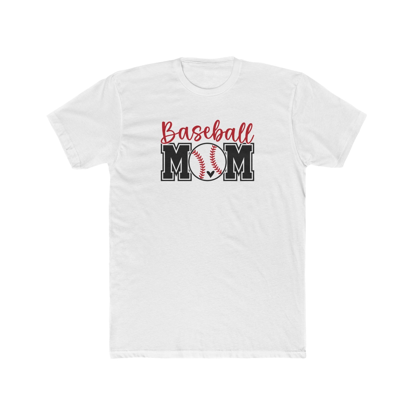 White t-shirt with 'Baseball Mom' text and graphic on a white background