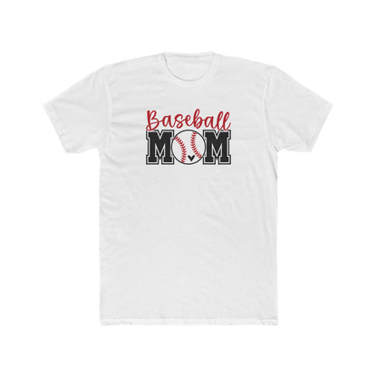 White t-shirt with 'Baseball Mom' text and graphic on a white background