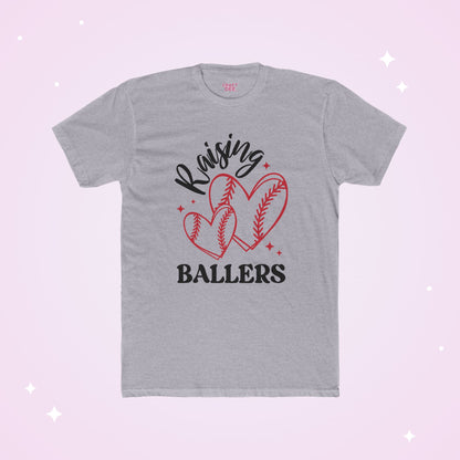 Gray t-shirt with 'Raising Ballers' text and heart-shaped baseball designs on a light pink background