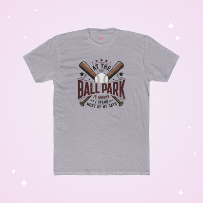 Gray t-shirt with baseball-themed design on a light purple background