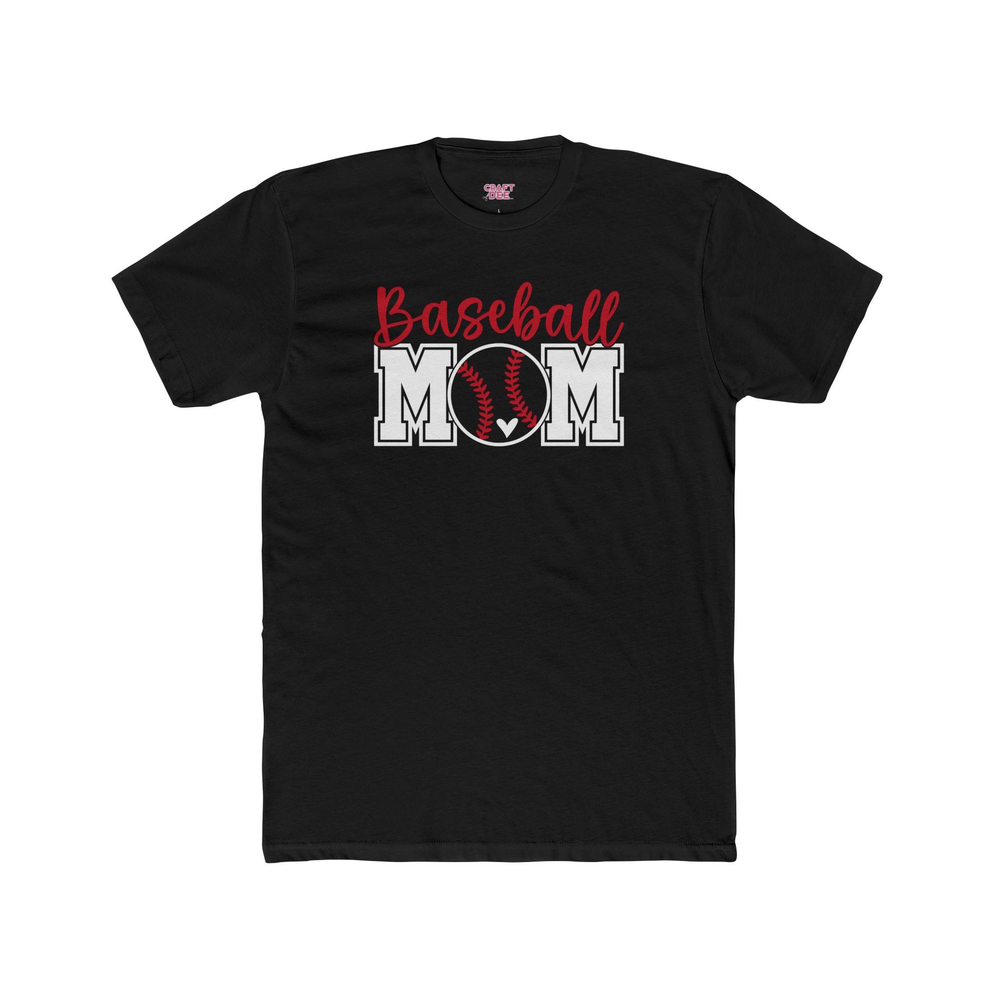 Black t-shirt with 'Baseball Mom' text and graphic on a white background