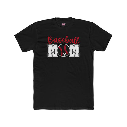Black t-shirt with 'Baseball Mom' text and graphic on a white background