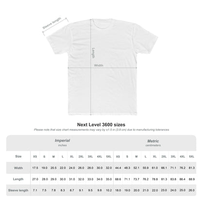 White t-shirt with measurement lines and a size chart for Next Level 3600 shirts.