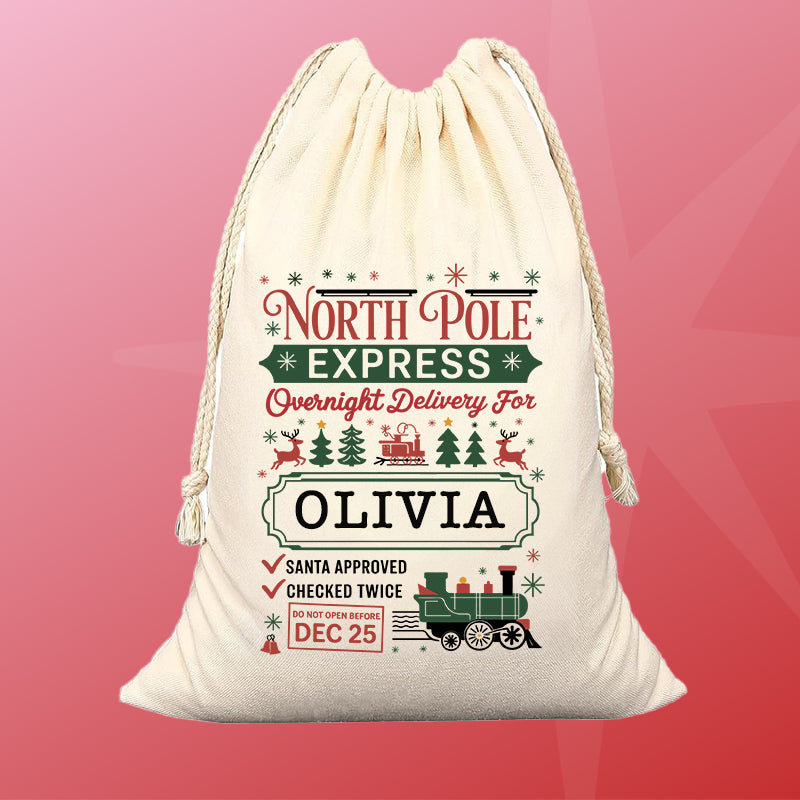 Personalized Christmas gift bag with festive text on a pink and red background