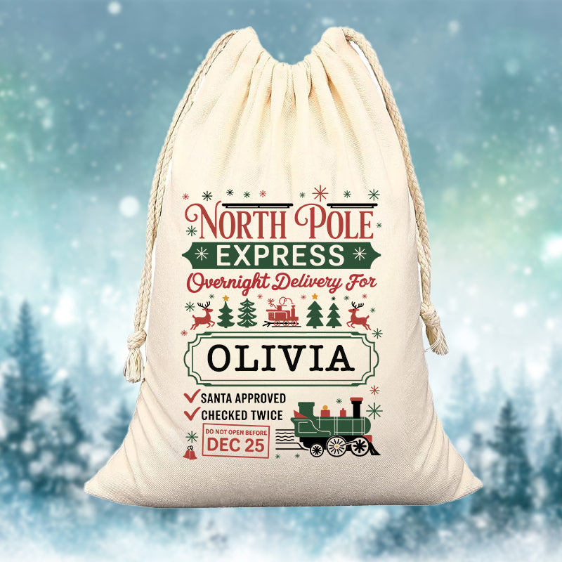 Personalized Christmas gift bag with festive design and text on a snowy background