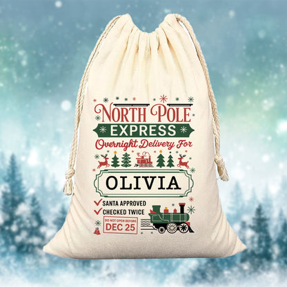 Personalized Christmas gift bag with festive design and text on a snowy background