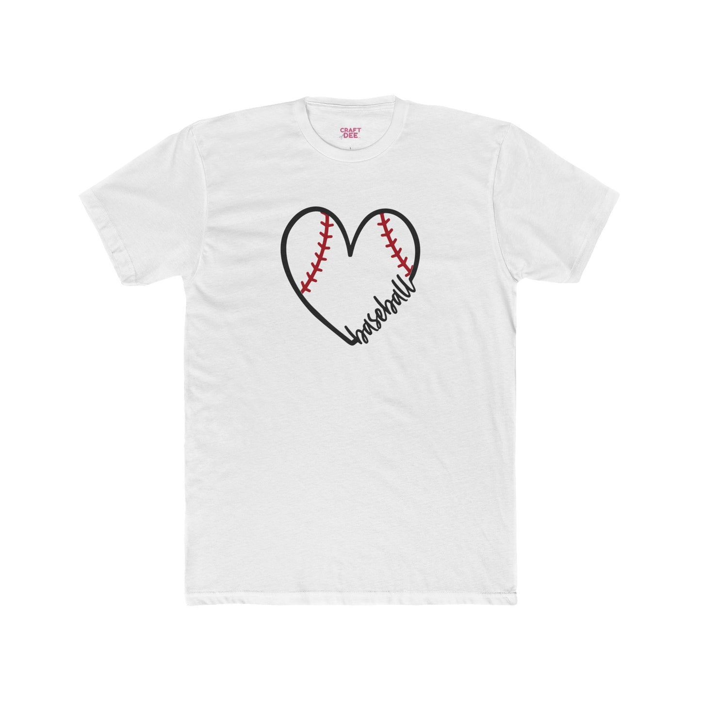 White t-shirt with a heart-shaped baseball design and 'Baseball' text on a white background