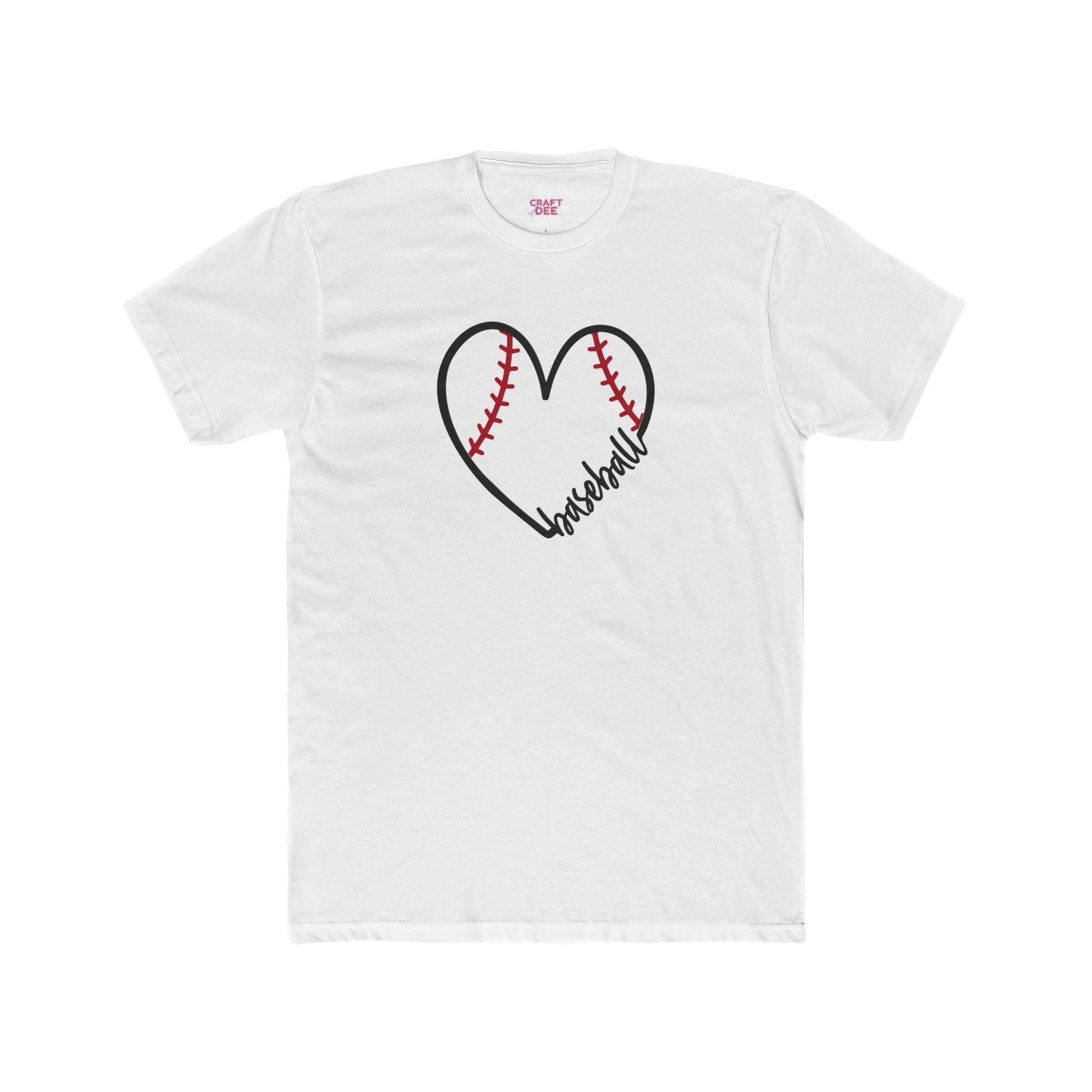 White t-shirt with a heart-shaped baseball design and 'Baseball' text on a white background