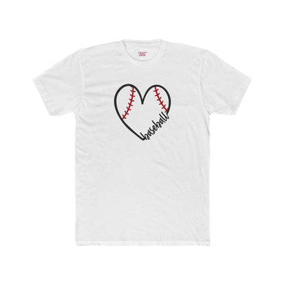 White t-shirt with a heart-shaped baseball design and 'Baseball' text on a white background