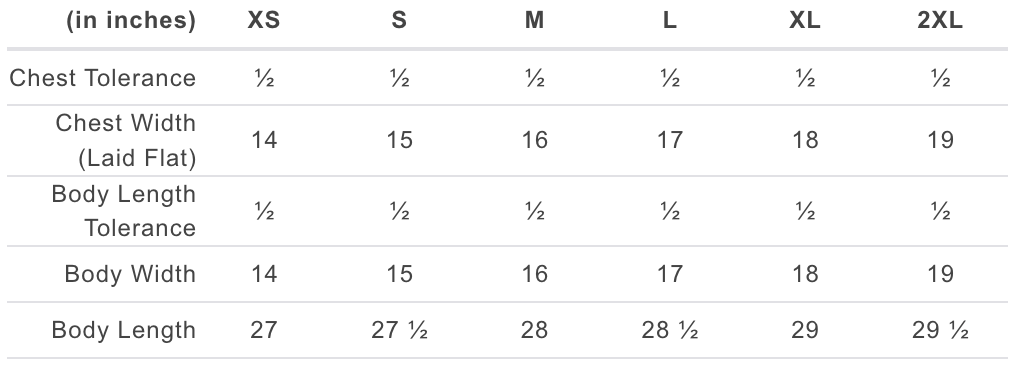 A size chart table showing chest tolerance, chest width (laid flat), body length tolerance, body width, and body length forXS, S, M, L, XL, and 2XL sizes.