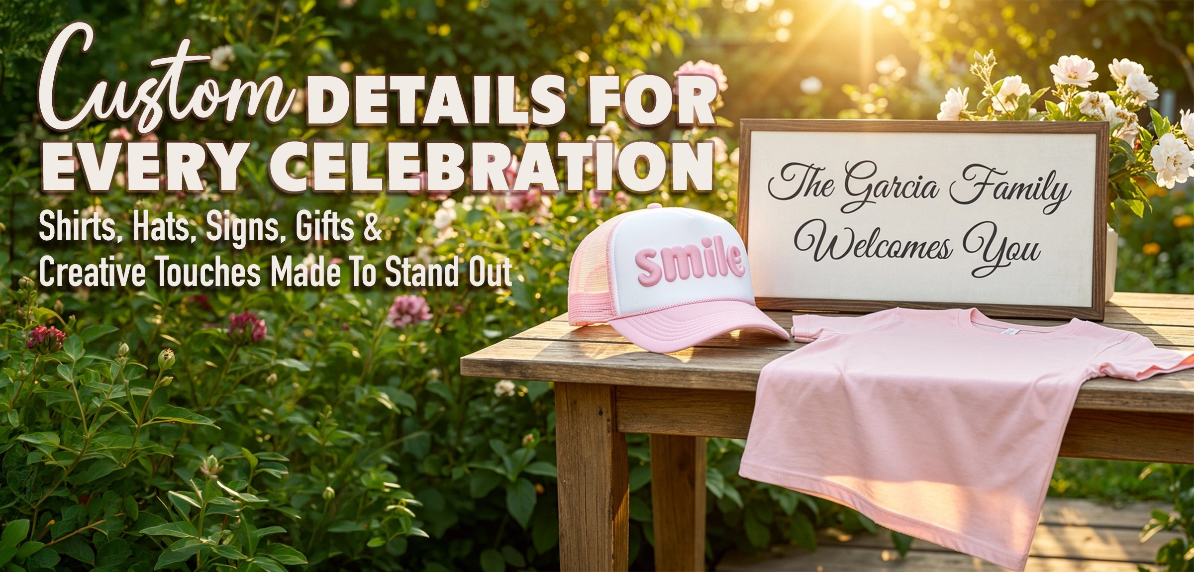 Craft Dee pink cap and personalized sign, custom shirt on a wooden bench with garden background