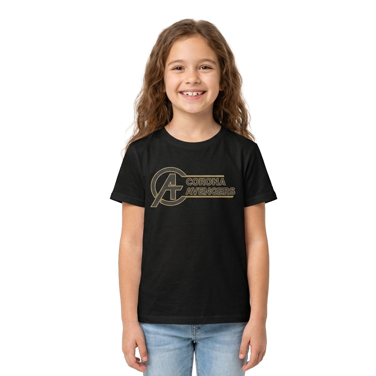 A young girl with long brown hair smiling, wearing a black short-sleeve t-shirt with a gold Avengers graphic on the chest, paired with light blue jeans, against a plain white background.